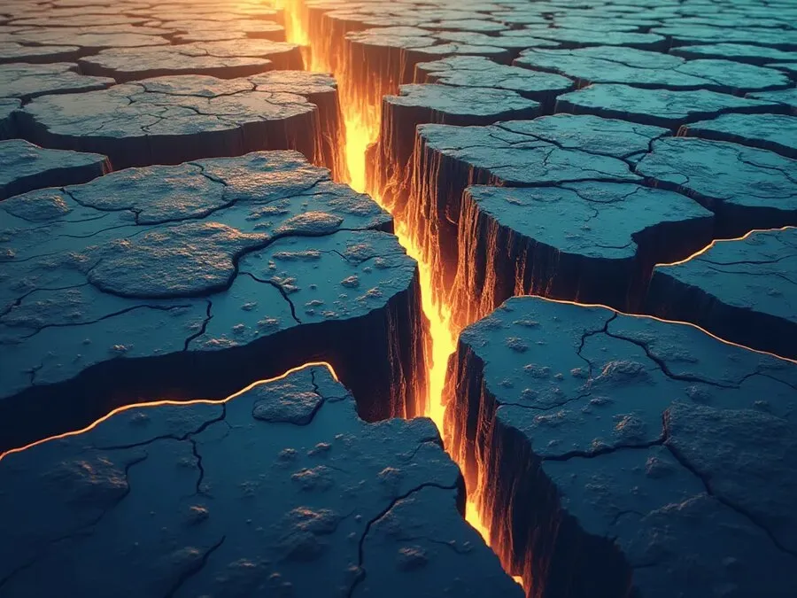 A fissure of glowing lava splitting cracked earth — illustrating the growing rift between education and technology