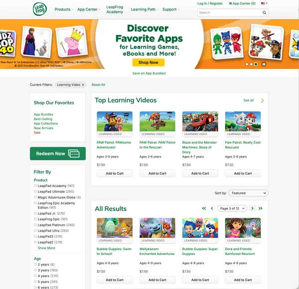 The LeapFrog App Center storefront, showing the learning-video recommendation experience