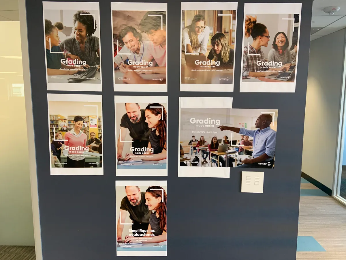 A wall of pinned concept posters from a 'Grading made easier' campaign creative review