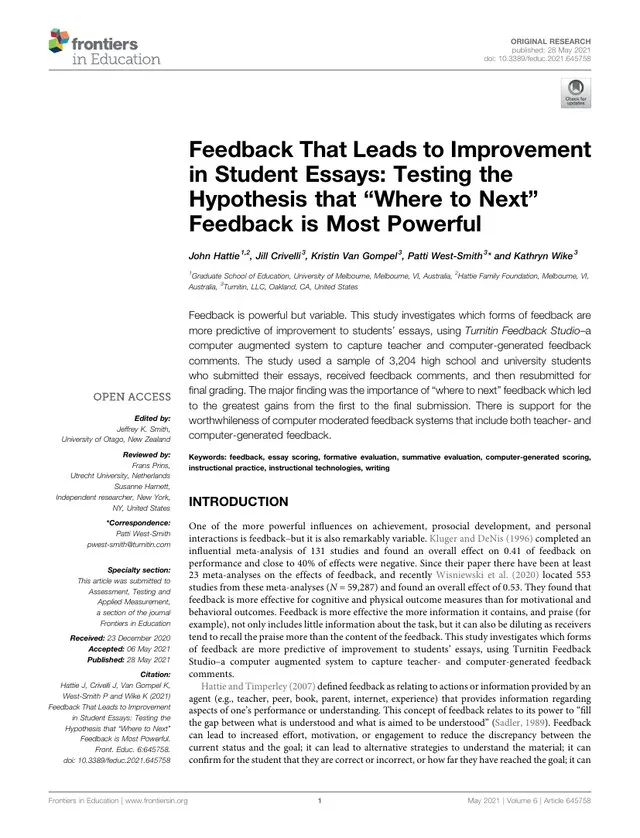 First page of the peer-reviewed Frontiers in Education study on feedback