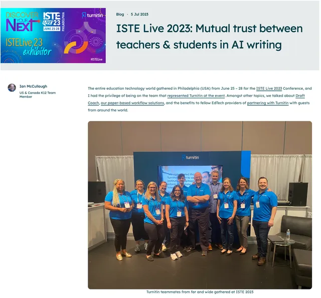 Turnitin blog post: “ISTELive 2023 — Mutual Trust Between Teachers and Students in AI Writing”